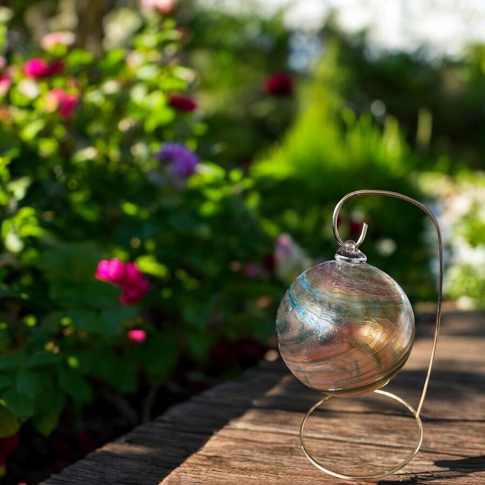 Handblown Glass Friendship Ball with Gold Stand Amber Green Rose Coloured